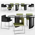 Modern Glass Top Dining Table With Black And Green Chairs And Metal Legs