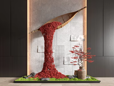 Stunning Indoor Landscape With Red Waterfall Decor Ceramic Pot Maple Branches Green Grass And Stones 3d model