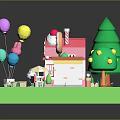 Cute Mini Commercial Buildings With Pink And Orange Exteriors Balloons Trees Tables And Decorations