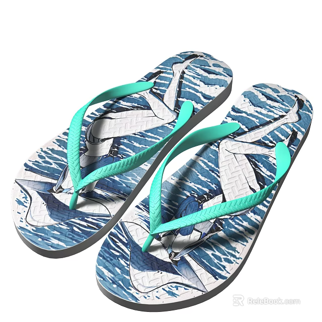 Casual Blue White Wave Pattern Flip Flops With Light Green Straps And Summer Design 3d model 