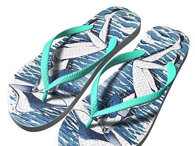 Casual Blue White Wave Pattern Flip Flops With Light Green Straps And Summer Design 3d model