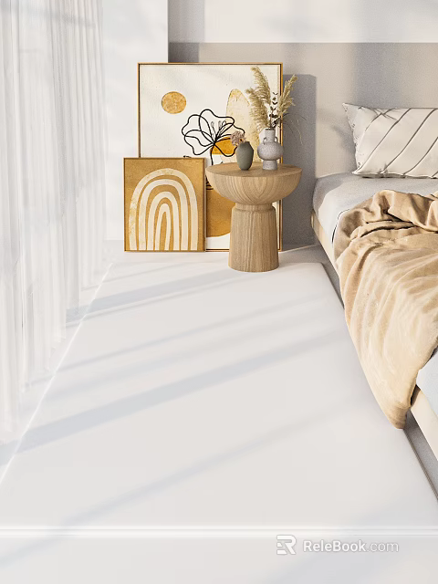 Modern Bedroom Interior With Soft Bedspread Wooden Nightstand White Carpet And Decorative Wall Art 3d model 