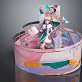 Fantasy Female Character And Magical Creature With Staff Standing On Colorful Platform