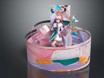 Fantasy Female Character And Magical Creature With Staff Standing On Colorful Platform 3d model