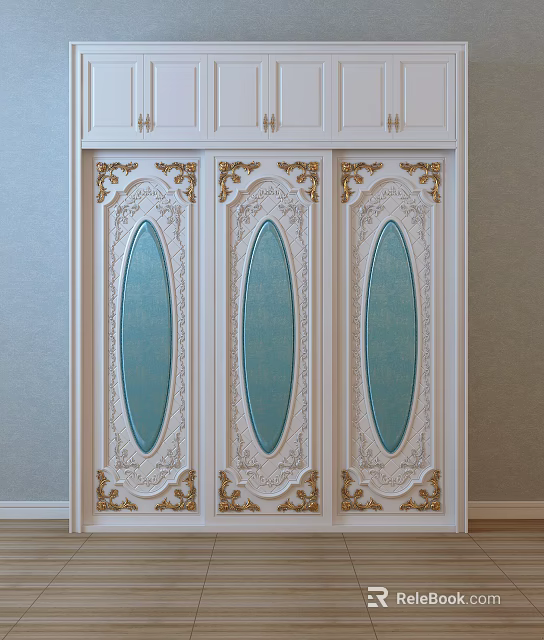 Elegant White Wardrobe With Three Doors Light Blue Oval Panels And Gold Carvings 3d model 