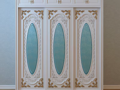 Elegant White Wardrobe With Three Doors Light Blue Oval Panels And Gold Carvings 3d model