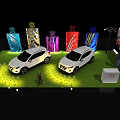White Cars On Green Grass Display Platform With Colorful Lights And Nissan Logo
