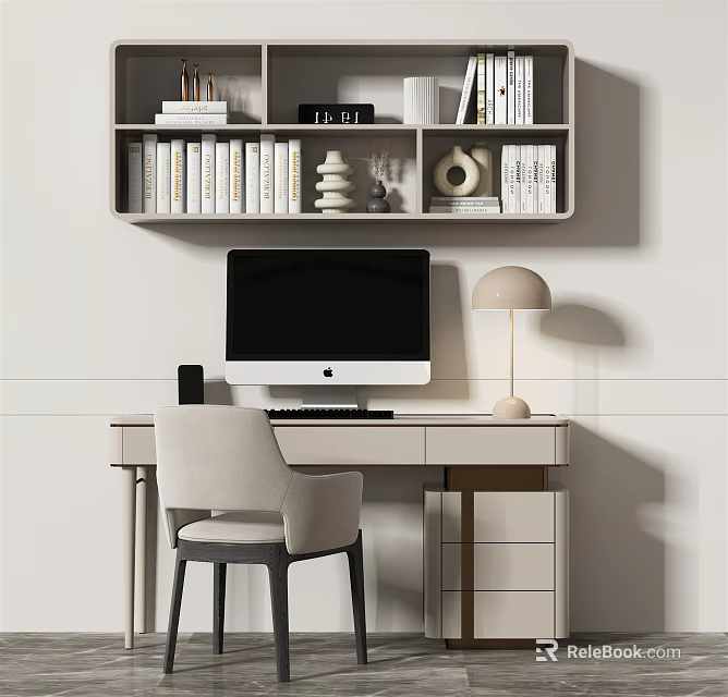 Modern Home Office Desk With Computer Monitor Keyboard Chair Bookshelf Decorative Items And Table Lamp 3d model 