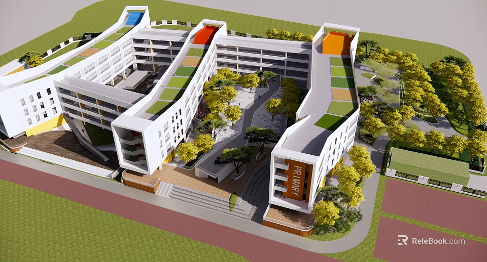 Modern Multi Storey School Building With Green Colored Rooftop Courtyard And Trees 3d model 