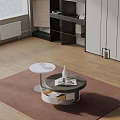 Modern Round Coffee Table Set With White Vase Open Magazine On Brown Rug Wooden Floor