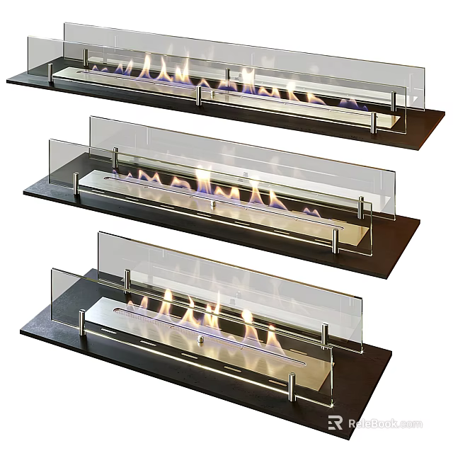 Modern Linear Fireplace Design With Glass Panel And Realistic Dancing Flames 3d model