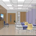 Modern Hospital Room Interior with Wooden Walls Purple Curtains TV Cabinet and Beds