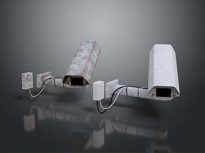 Rusted And White Security Cameras With Mounts And Cables On Dark Background 3d model