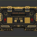 Black and Gold Box with Intricate Mechanical Design Red Emblems and Gold Accents