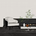 White Upholstered Single Sofa With Green Plant Vase Terracotta Pot And Gray Rug By Fireplace