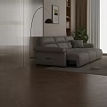Modern Light Beige Leather Sofa with Round Coffee Table Floor Lamp Green Plant and Rug