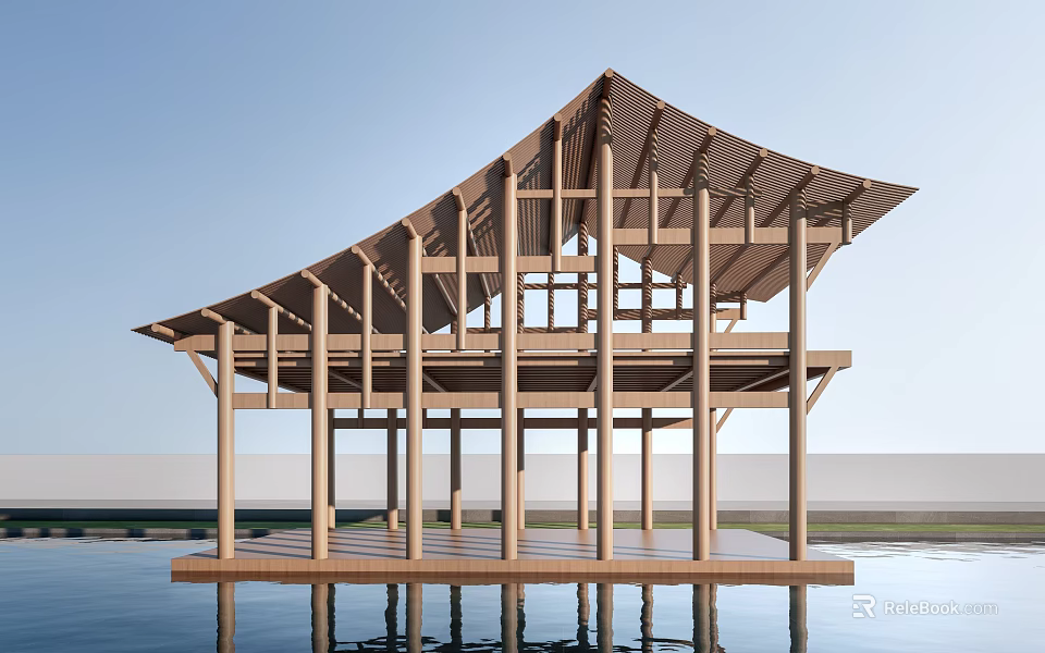 Traditional Ancient Architecture Wooden Structure With Unique Over Water Roof Design And Reflection 3d model 