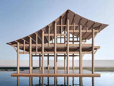 Traditional Ancient Architecture Wooden Structure With Unique Over Water Roof Design And Reflection 3d model