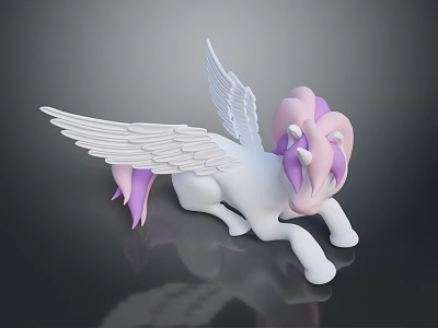 White Pony Toy With Purple Mane And Wings Lying On Black Surface With Reflection 3d model