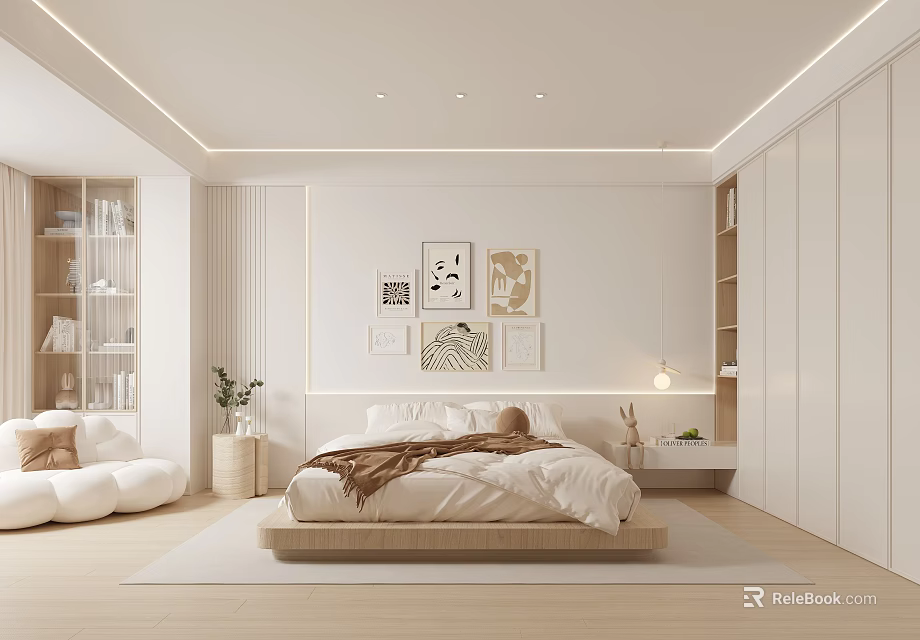 Modern Minimalist Bedroom Interior With Wooden Bed Neutral Tones Decorative Paintings And Built in Cabinets 3d model 