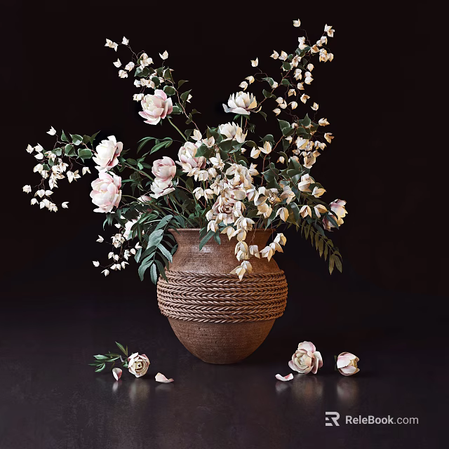 Woven Texture Vase with Pink White Flowers Green Leaves and Scattered Blooms on Dark Background 3d model 