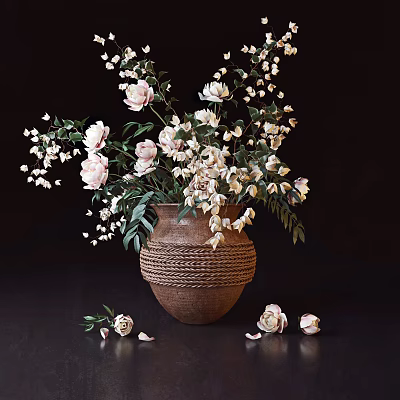 Woven Texture Vase with Pink White Flowers Green Leaves and Scattered Blooms on Dark Background 3d model