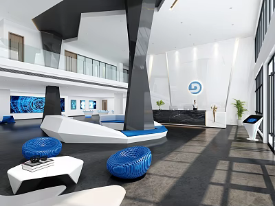 Modern Service Hall Interior With Spacious Layout Blue Seats And White Reception Desk 3d model