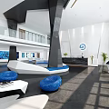 Modern Service Hall Interior With Spacious Layout Blue Seats And White Reception Desk