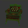 Luxurious Red Ornate Armchair With Detailed Carved Wooden Frame And Gold Buttons