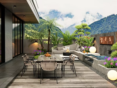 Modern Courtyard Garden With Wooden Deck Outdoor Dining Set Sofa Seating And Mountain View 3d model
