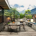 Modern Courtyard Garden With Wooden Deck Outdoor Dining Set Sofa Seating And Mountain View