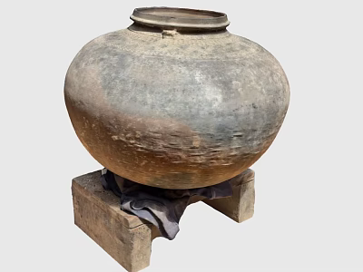 Ancient Ceramic Jar With Textured Surface Placed On Brick Base Displaying Antique Charm 3d model