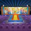 Vibrant Dream Stage With Colorful Lights Cartoon Decorations And Purple Seats For Kids