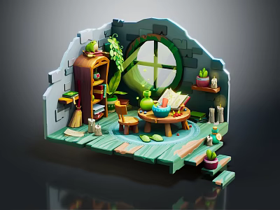 Cartoon Interior Scene Featuring Round Window Wooden Furniture And Potted Plants 3d model