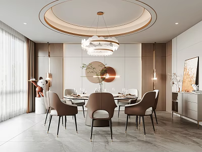 Luxury Modern Private Dining Room With Round Table Chairs And Chandelier 3d model