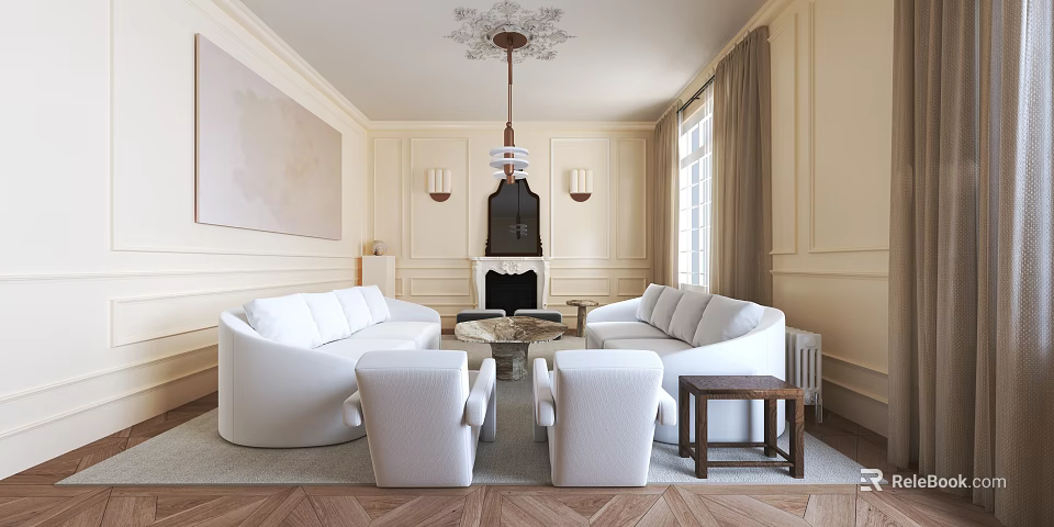 Elegant Classic Living Room Interior Design With White Sofas Fireplace Chandelier And Artwork 3d model 