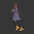 Stylish Woman With Pink Hair Purple Coat Red Skirt And Yellow Shoes In Gray Background