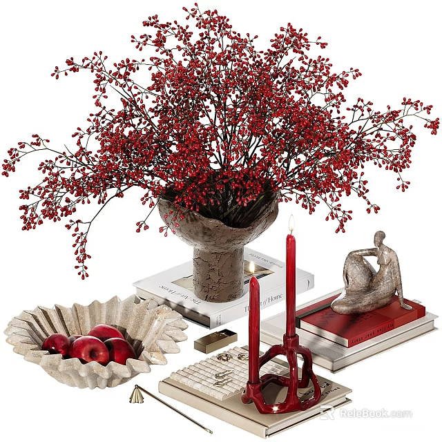 Decorative Ornament Set with Red Berry Bouquet Vase Red Candle Bowl Red Balls and Sculpture 3d model 