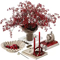 Decorative Ornament Set with Red Berry Bouquet Vase Red Candle Bowl Red Balls and Sculpture