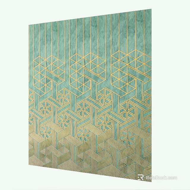 Modern Teal And Gold Wall Decor With Geometric Patterns And Line Design 3d model