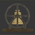 Antique Bell Structure With Golden Bell Body And Metal Wheels On Wooden Base