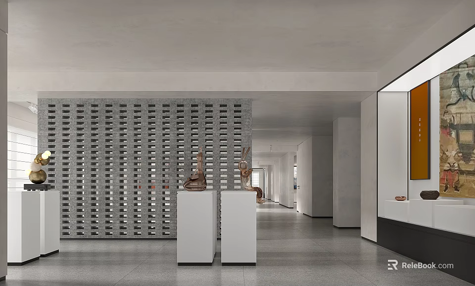 Modern Exhibition Hall Interior With Grid Partition White Pedestals And Artworks 3d model 