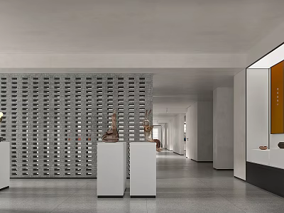 Modern Exhibition Hall Interior With Grid Partition White Pedestals And Artworks 3d model