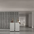 Modern Exhibition Hall Interior With Grid Partition White Pedestals And Artworks