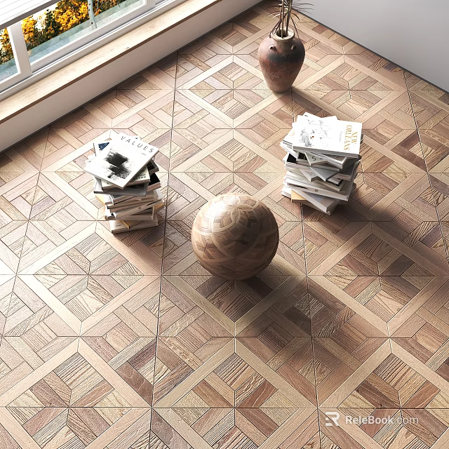 Stacked Books And Magazines Under Window With Wooden Sphere On Patterned Wooden Floor 3d model 