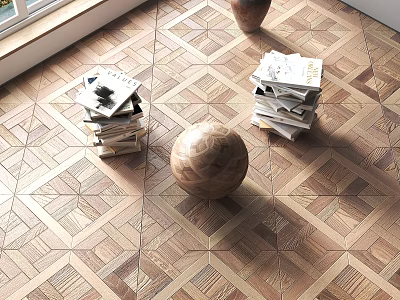 Stacked Books And Magazines Under Window With Wooden Sphere On Patterned Wooden Floor 3d model
