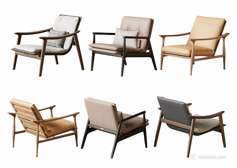 Modern Leisure Chairs With Wooden Frames And Upholstered Seats In Various Colors 3d model 