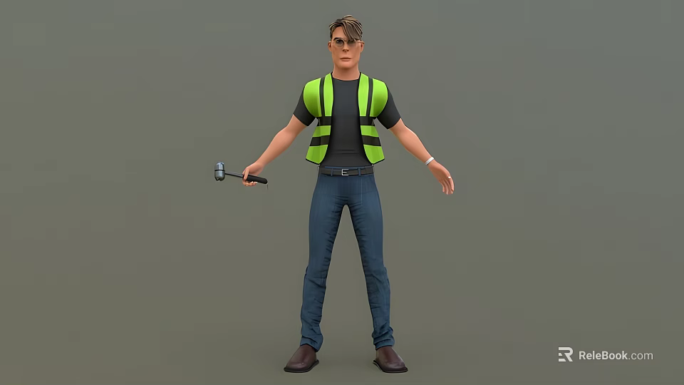 Man In Green Reflective Vest Black T-shirt Blue Jeans And Brown Shoes Holding Hammer Standing 3d model 