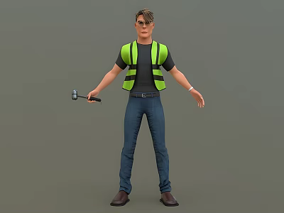 Man In Green Reflective Vest Black T-shirt Blue Jeans And Brown Shoes Holding Hammer Standing 3d model