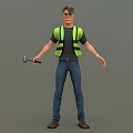 Man In Green Reflective Vest Black T-shirt Blue Jeans And Brown Shoes Holding Hammer Standing